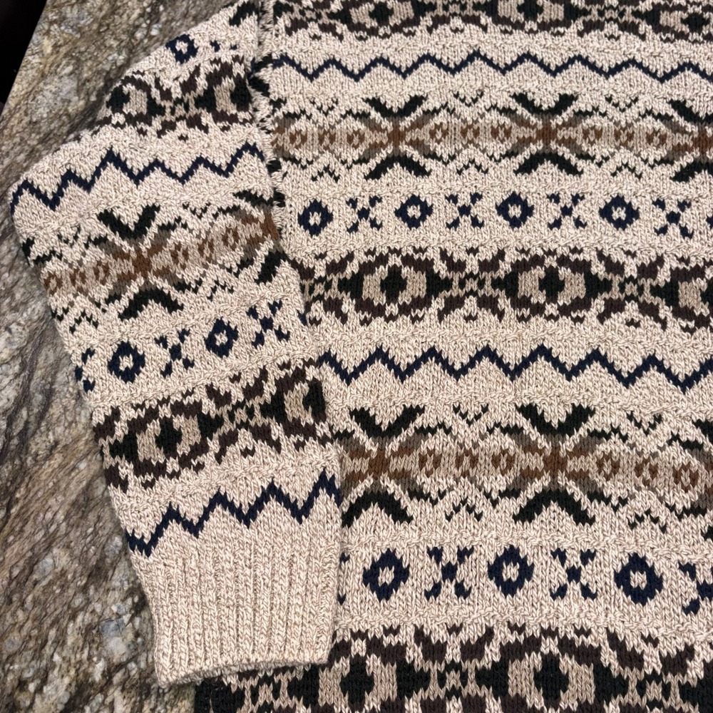 Vintage Grandpa Sweater Fair Isle Fieldmaster Knit Mens XLT Tan Brown Navy - Picture 9 of 11